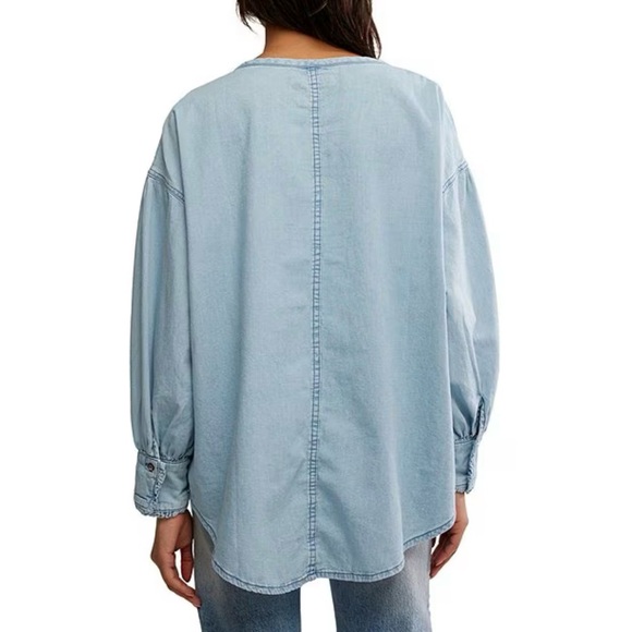 Free People Denim Dreaming Round Neck Pullover Oversized Shirt L NWT $148 - Picture 2 of 14